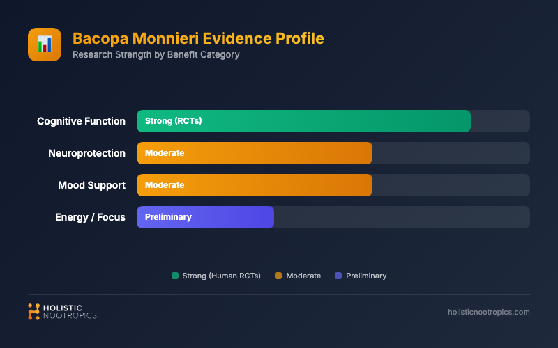 evidence quality chart for Bacopa Monnieri benefits - strength of research by category